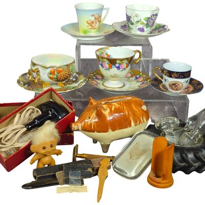 Sale Photo Thumbnail #477: An Assortment of Vintage Porcelain Teacups, Shaving Equipment, and Novelty Items