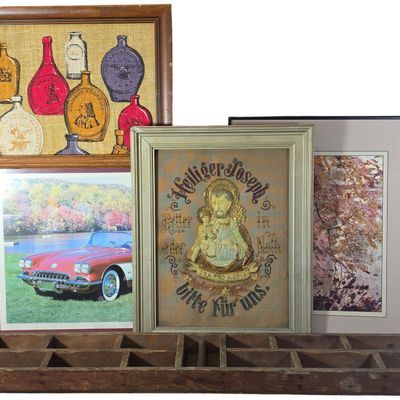 Sale Photo Thumbnail #146: A Collection of Decorative Artworks and a Vintage Wooden Printer's Tray including a Sewell Jackson Screenprint