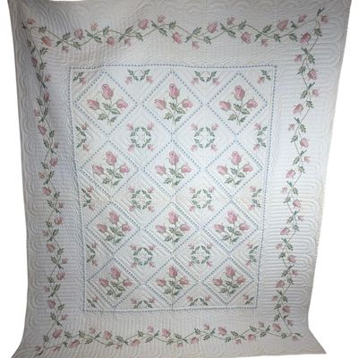 Sale Photo Thumbnail #207: Large Hand Quilted and Cross Stitched Cotton Bed Quilt with Floral Rosebud Motif