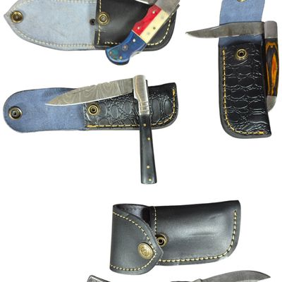 Sale Photo Thumbnail #161: A Collection of Four Damascus Steel Folding Pocket Knives with Leather Sheaths