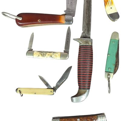Sale Photo Thumbnail #156: A Collection of Eight Vintage Pocket and Fixed Blade Knives Including Boker and Camillus