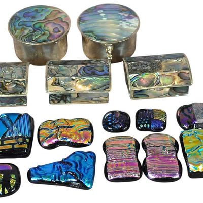Sale Photo Thumbnail #422: A Collection of Mexican Alpaca and Abalone Boxes and Dichroic Glass Cabochons