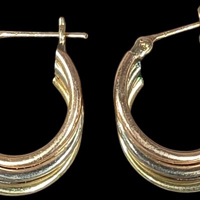 Sale Photo Thumbnail #90: A Pair of Tri-color 14 Karat Gold Triple Hoop Earrings