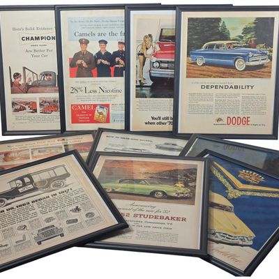 Sale Photo Thumbnail #610: Ten Mid Century Framed Automotive and Tobacco Magazine Advertisements