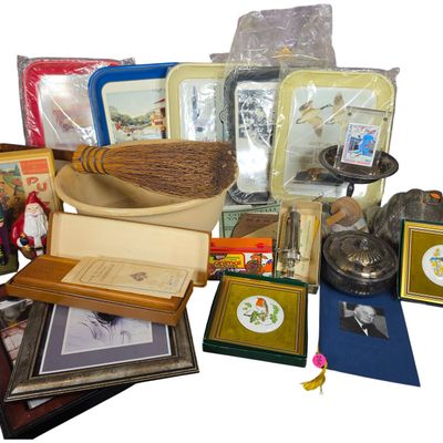 Sale Photo Thumbnail #843: A Collection of Vintage Collectibles Including Ford Advertising Trays, Sports Memorabilia, and Yellowware