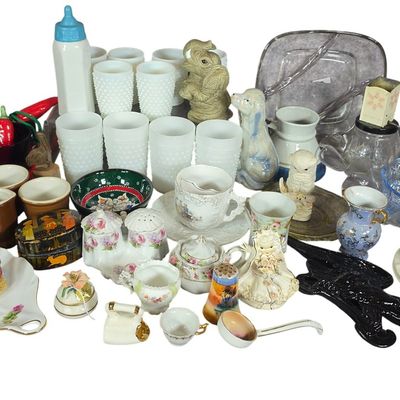 Sale Photo Thumbnail #825: An Assortment of Decorative Porcelain, Milk Glass, and Art Glass