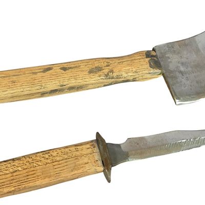 Sale Photo Thumbnail #846: Two Modified Steel Edged Tools Including a Large Cleaver and a Hunting Knife
