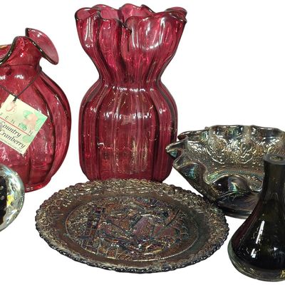 Sale Photo Thumbnail #371: An Assortment of Fenton and Decorative Art Glass Items including Cranberry and Carnival Glass