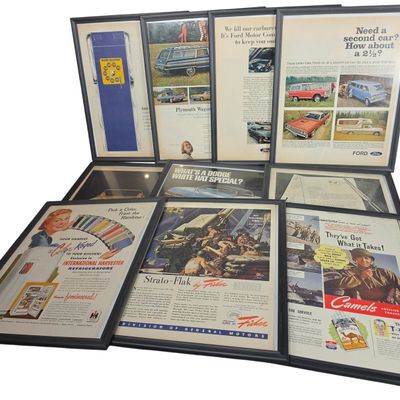 Sale Photo Thumbnail #620: Ten Vintage Framed Paper Magazine Advertisements