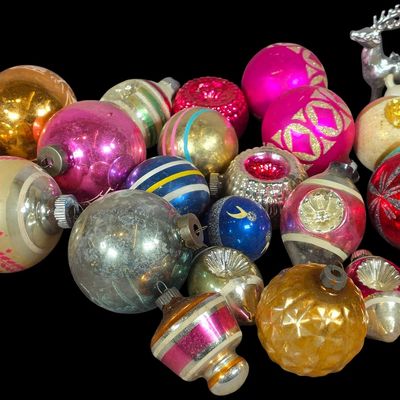 Sale Photo Thumbnail #108: An Assortment of Vintage Mercury Glass Christmas Ornaments and Reindeer Figurines