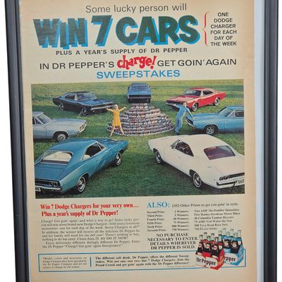 Sale Photo Thumbnail #626: 1968 Dr Pepper Dodge Charger Sweepstakes Framed Magazine Advertisement