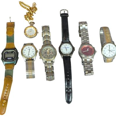 Sale Photo Thumbnail #324: An Assortment of Seven Pre-Owned Wristwatches and One Pocket Watch including Fossil, Timex, and Acqua