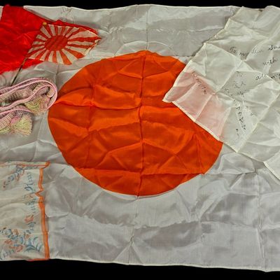 Sale Photo Thumbnail #115: A Group of WWII-Era Japanese National Flags and Silk Souvenir Textiles