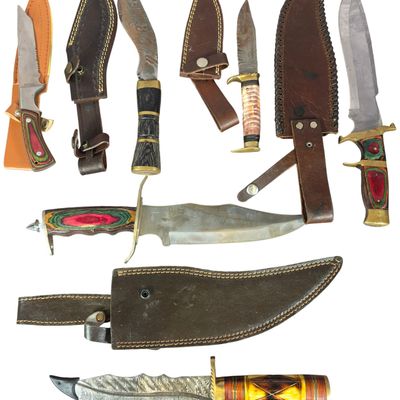 Sale Photo Thumbnail #128: A Collection of Six Contemporary Fixed Blade Knives Including Damascus and Laminate Wood Examples