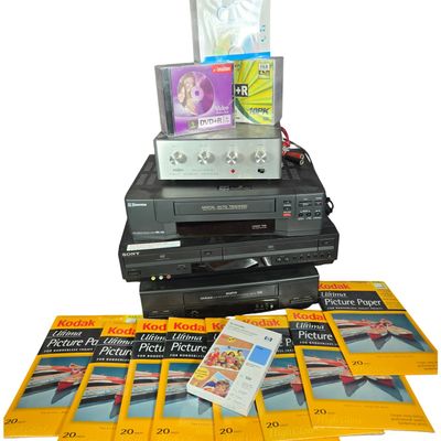 Sale Photo Thumbnail #587: Four Vintage Electronics Units with Assorted Blank Media and Photo Paper