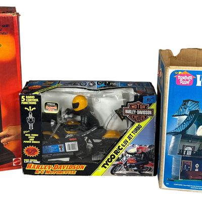 Sale Photo Thumbnail #646: Three Vintage Boxed Toys Including Mattel Slingin Slot Tyco RC Harley Davidson Motorcycle and Hasbro Weebles Haunted House