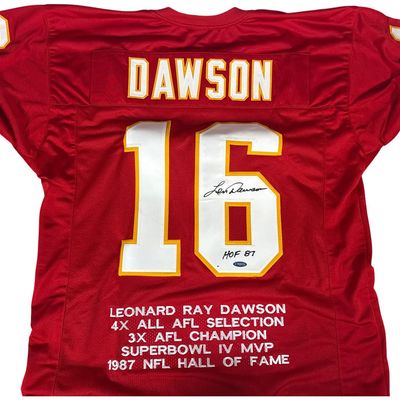 Sale Photo Thumbnail #59: One Len Dawson Signed Kansas City Chiefs Polyester Career Achievement Jersey