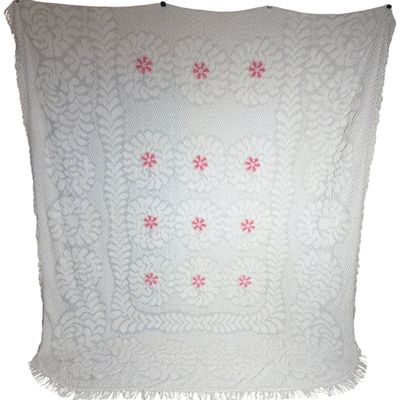 Sale Photo Thumbnail #208: Vintage White Chenille Double Bedspread with Pink Floral Medallions and Fringe