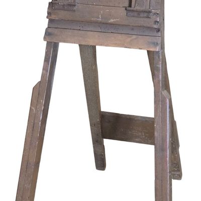 Sale Photo Thumbnail #592: One Antique Hardwood Tripod Clamping Stand with Metal Crank Handle