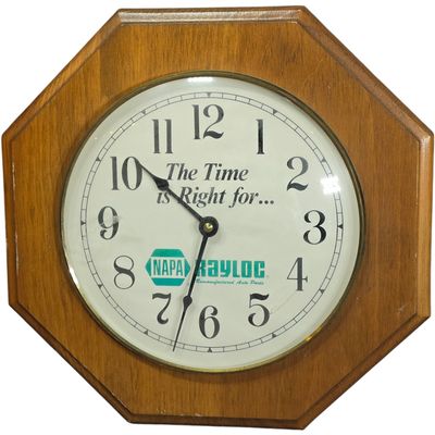 Sale Photo Thumbnail #627: One Octagonal Stained Wood NAPA Rayloc Promotional Wall Clock