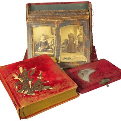 Sale Photo Thumbnail #782: Victorian Velvet Bound Photograph Album on Integrated Stand with Matching Cabinet Card Case