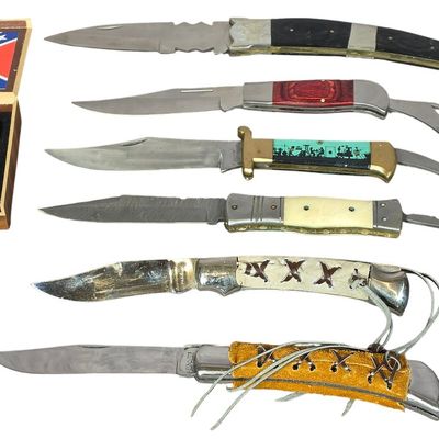 Sale Photo Thumbnail #136: A Collection of Decorative and Commemorative Folding Knives and a United Cutlery Display Stand