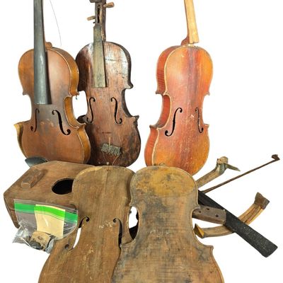 Sale Photo Thumbnail #38: CONTENTS LOT: Vintage Violins and Luthier Restoration Parts including Hopf Branded Components