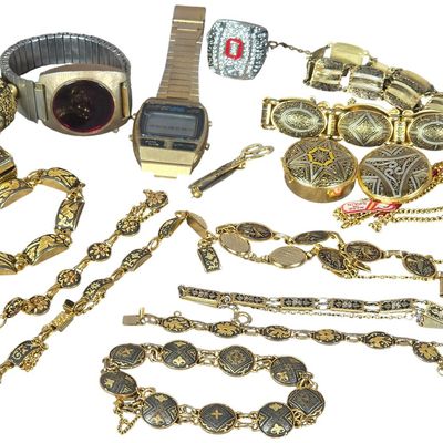 Sale Photo Thumbnail #192: A Collection of Damascene Style Jewelry, Vintage Digital Watches, and a Collegiate Sports Ring