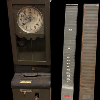 Sale Photo Thumbnail #871: Industrial Electric Time Clock and Two Metal Time Card Racks