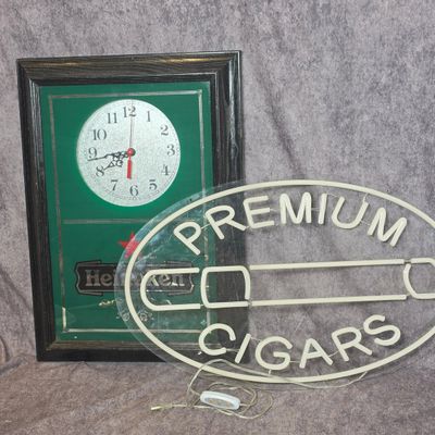 Sale Photo Thumbnail #802: Heineken Mirrored Advertising Clock and LED Premium Cigars Sign