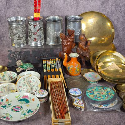 Sale Photo Thumbnail #447: A Collection of Asian Decorative Arts including Pewter, Brass, Porcelain, and Wood Carvings