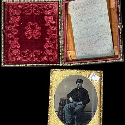 Sale Photo Thumbnail #753: Civil War Sixth Plate Tintype of a Union Soldier in a Thistle Motif Case