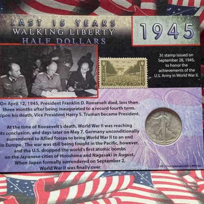 1945-D Walking Liberty 90% Silver Half Dollar with Stamp in Display Card