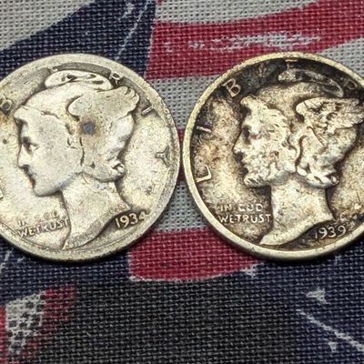 1934 & 1939 Mercury Dimes, 90% Silver