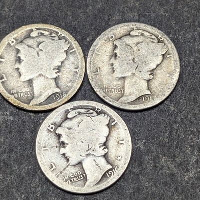 1916, 1917, & 1918 Mercury 90% Silver Dimes