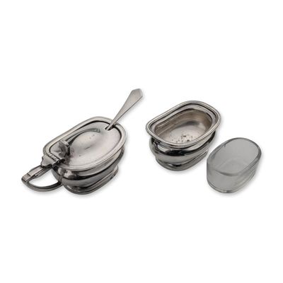 4pc Antique Cunard Line Steamship Silverplate Mustard Pot & Open Salt Cellar Set by Elkington & Co.