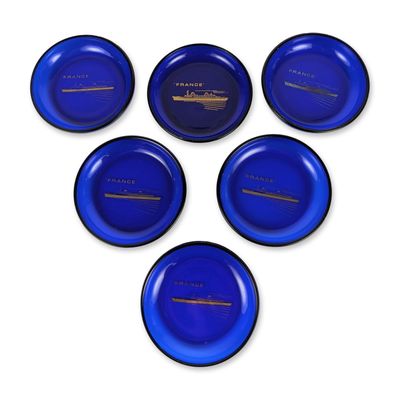6pc SS France Souvenir Cobalt Blue Glass Souvenir Pin Dishes