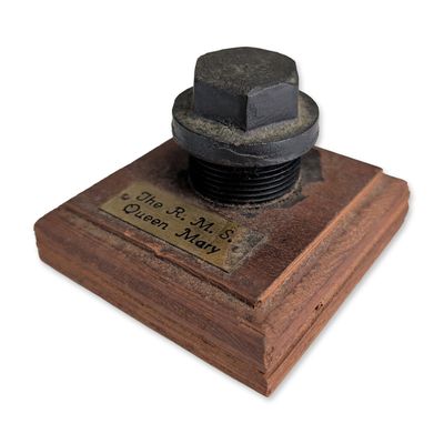 Rare RMS Queen Mary Authentic Salvage Bolt Paperweight, Gene Darcy "Stores of the Queens" (c. 1970s)