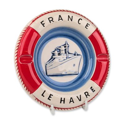 Vintage French Line S.S. France Ocean Liner Ceramic Lifebuoy Souvenir Ashtray, Le Havre