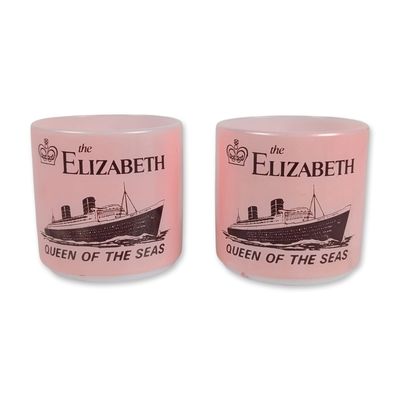 Pair of Vintage RMS Queen Elizabeth Pink Souvenir Ocean Liner Mugs