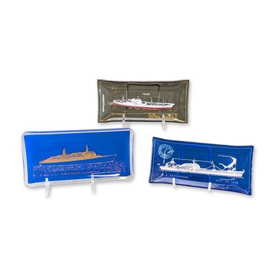 3pc Mid-Century Ocean Liner Bent Glass Souvenir Trays, Queen Elizabeth 2 & NS Savannah