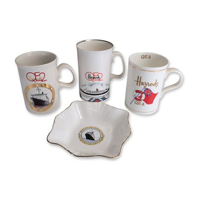 4pc Harrods RMS Queen Elizabeth 2 Maritime Commemorative Ceramic Cups & Trinket Dish