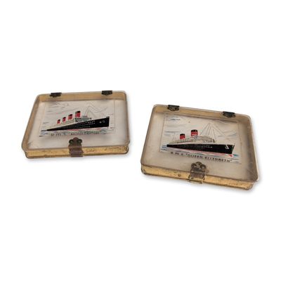 2pc Cunard Line Souvenir Lucite Cigarette Cases, RMS Aquitania & RMS Queen Elizabeth