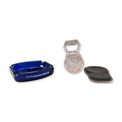 2pc French Line Cobalt Glass Ashtray and SS France Bottle Opener