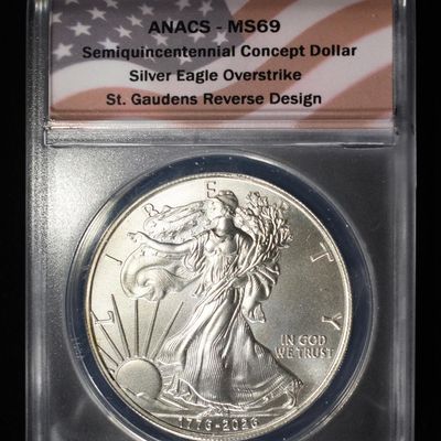 Sale Photo Thumbnail #390: "1776-2026" CONCEPT DOLLAR 1 OZ .999 ANACS MS69