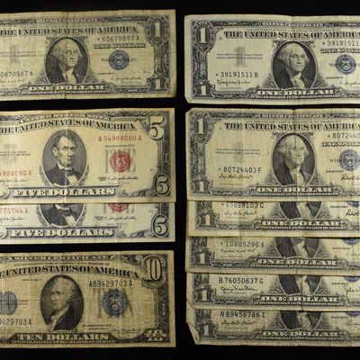 Sale Photo Thumbnail #322: $10, (7) $1 SILVER CERTS & (2) $5 RED SEAL NOTES