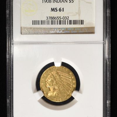 Sale Photo Thumbnail #447: 1908 $5 GOLD INDIAN NGC MS-61