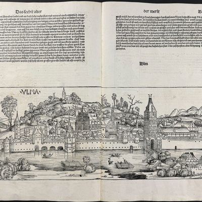 Schedel, pub. 1493 - View of Ulm, Germany / Verso: Religious & Historic Figures, Town View