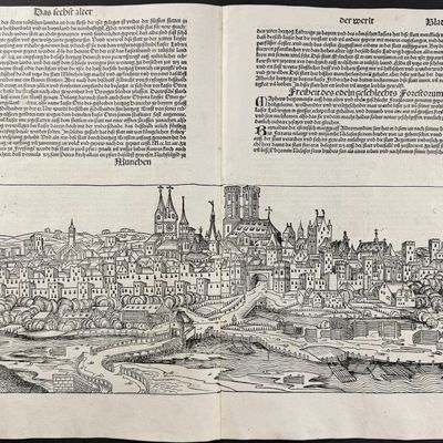 Schedel, pub. 1493 - View of Munich, Germany / Verso: Religious & Historic Figures, Town View, Comet