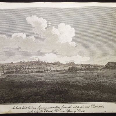 Collins, Australia - Australia (New Holland): A South East View in Sydney, extending from the old to the new Barracks, including the...